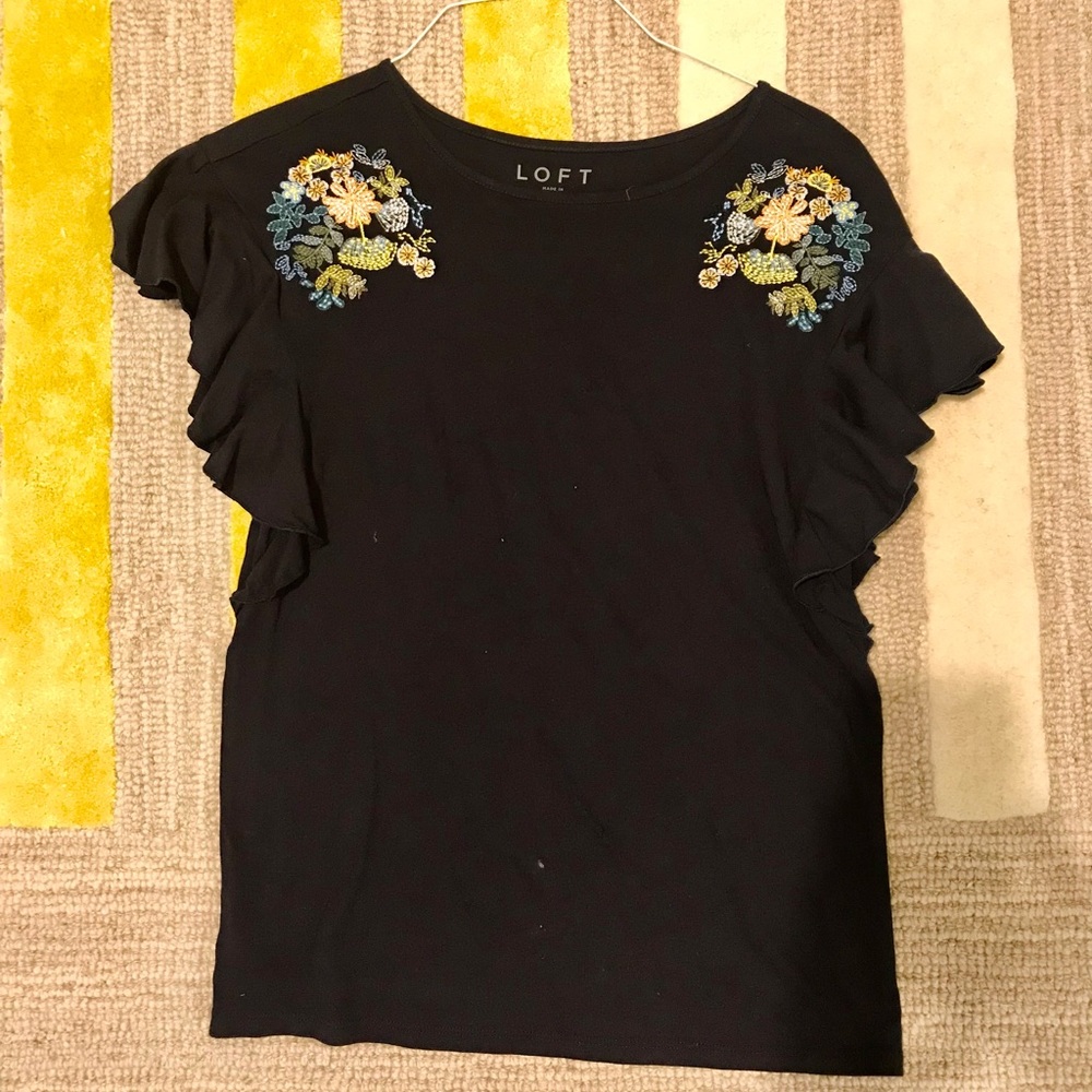 LOFT Embroidered Flutter Sleeve Top Floral Butterfly Sleeve